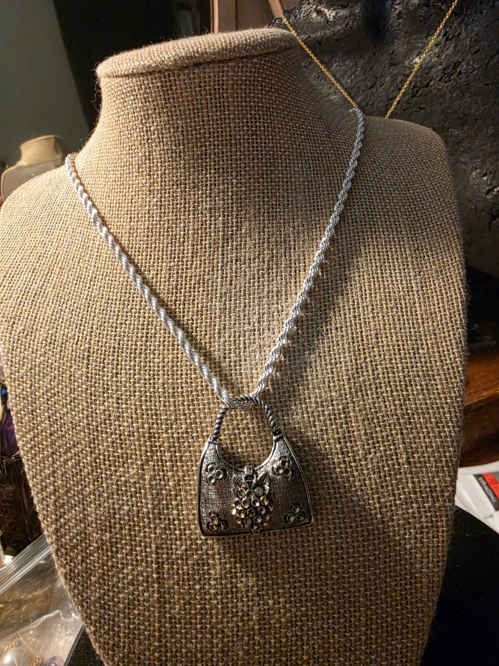 Silver-Tone Handbag Pendant Necklace with Floral Accent - Women's Jewelry